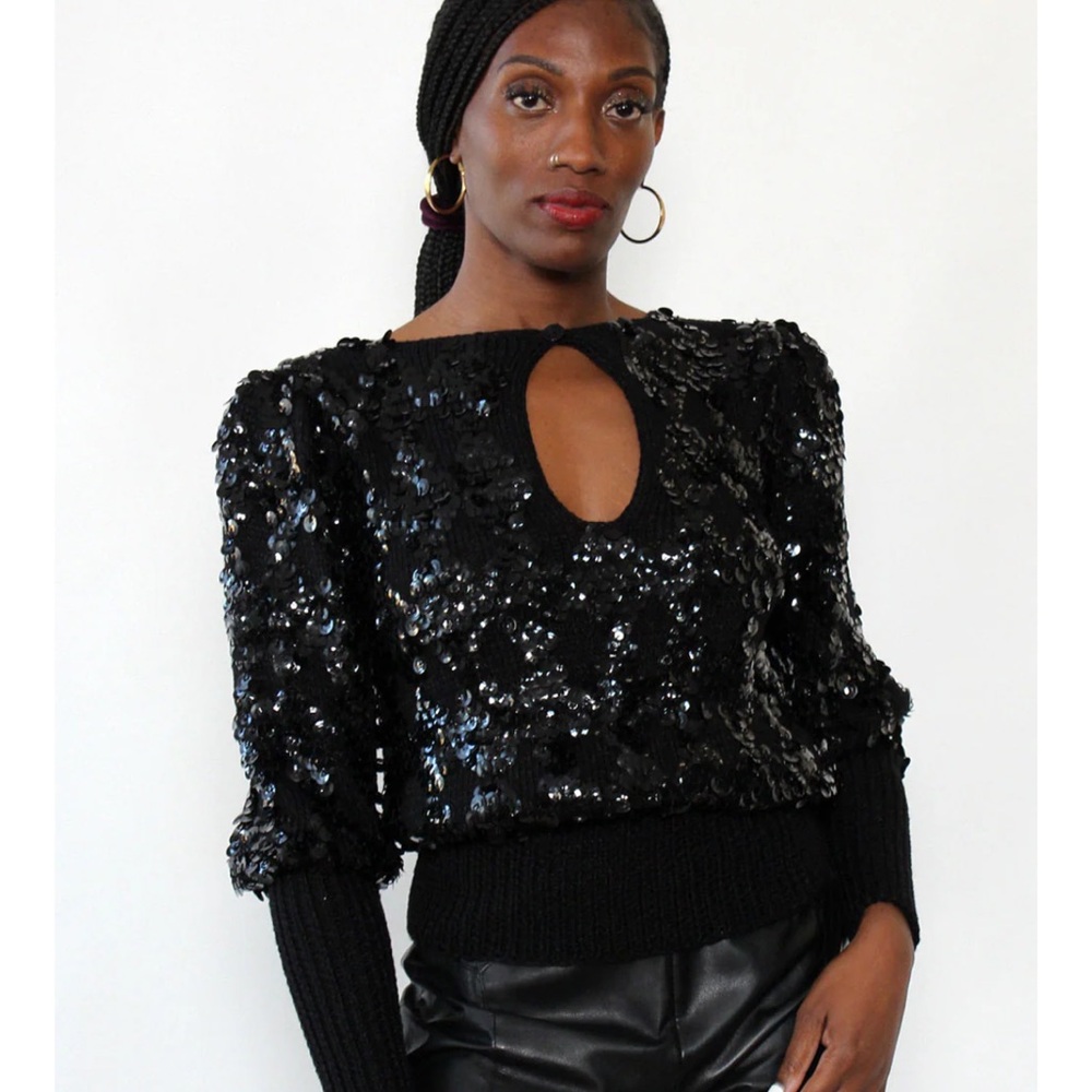 Black Sequin Puff Sleeve Sweater